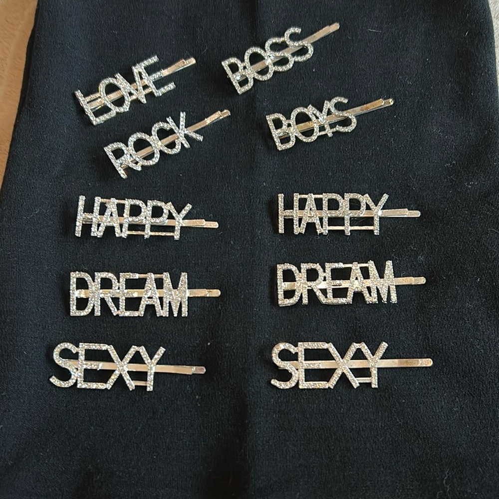 Rhinestone Bobby Pin Barrette - Words Set
10 Total